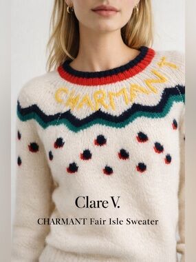 Clare V Charmant Alpaca Wool Fair Isle Sweater Cream Graphic Crewneck NWT M